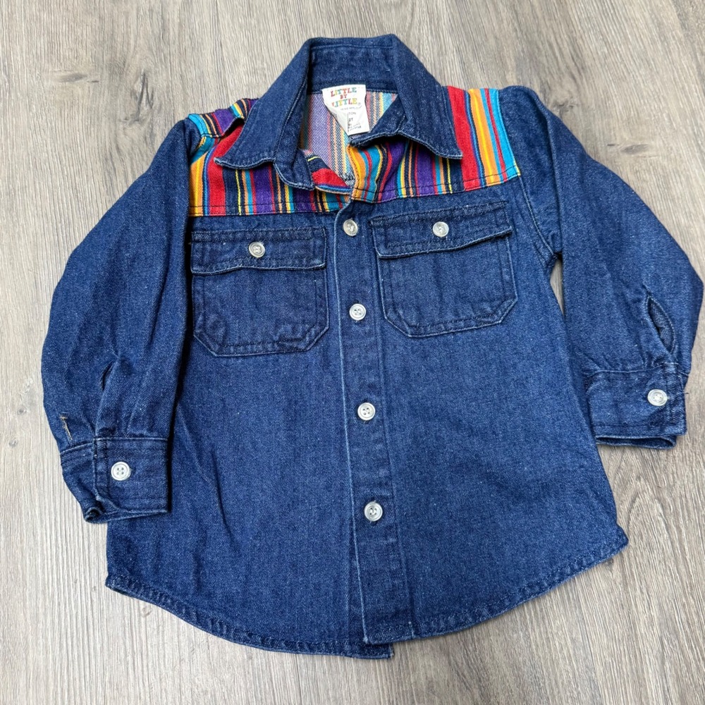 Vintage 90s Little By Little Toddler 2T Denim Set Rainbow Striped Suspenders Set - Picture 3 of 8